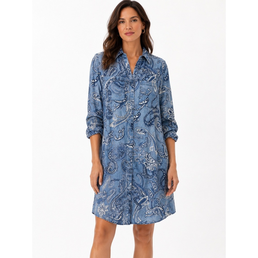 Chicos Paisley Button Down Shirt Dress Blue Long Sleeve Pockets Size 00 US 2-4